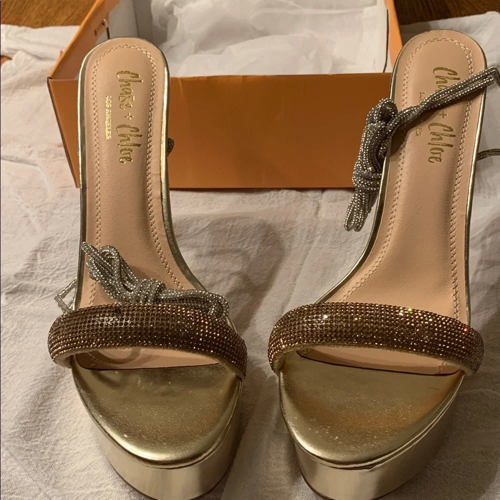 Chase & Chloe Gold Rhinestone Platform Ankle-Tie High Heel Sandal Sz 8 & 8.5 NEW - Picture 9 of 9
